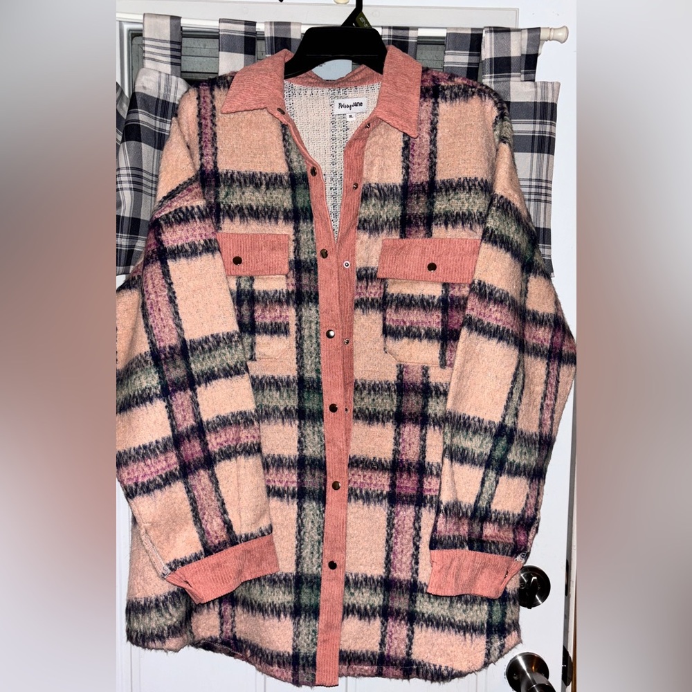 Prissy Jane XL Pink Plaid Wool-Blend shacket with Corduroy Trim